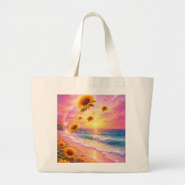 Bolsa Tote Grande Sueño Marino de Girasoles: Atardecer en la Playa