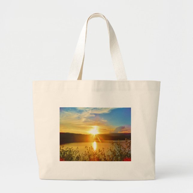 Bolsa Tote Grande Sunset no lago de montanha (Frente)
