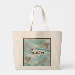 Bolsa Tote Grande Tartaruga Marinha em Água Azul Aquarela Dama de Ho