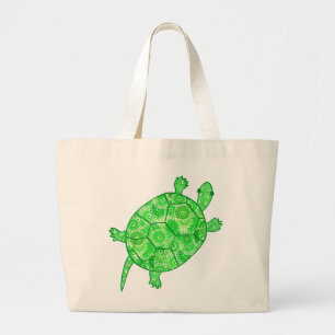 Bolsa Tote Grande Tartaruga redemoinho fractal - verde lima e esmera