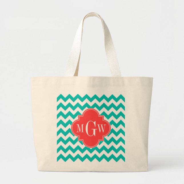 Bolsa Tote Grande Teal White Chevron Coral Quatrefoil 3 Monograma (Frente)