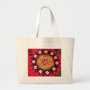 Bolsa Tote Grande Tecido Colorido de Vintage Folk Art