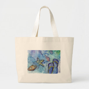 Bolsa Tote Grande Tema da praia dos chinelos da aguarela das