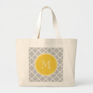 Bolsa Tote Grande Teste padrão cinzento de Quatrefoil, monograma