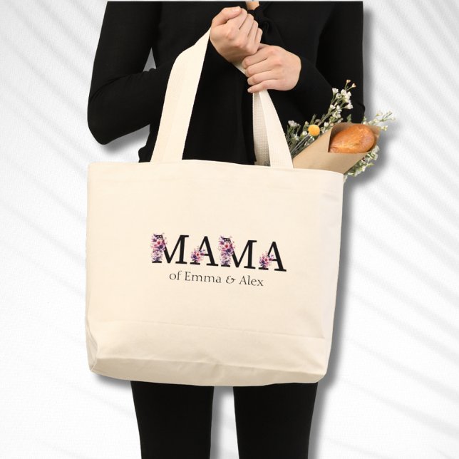 Bolsa Tote Grande Texto da Mamãe Floral Nomes de Crianças Personaliz (Criador carregado)