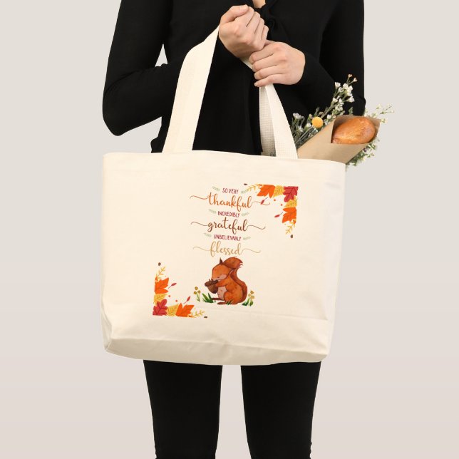 Bolsa Tote Grande Thankful Grateful Cute Squirrel Fall Theme Tote  (Frente (produto))
