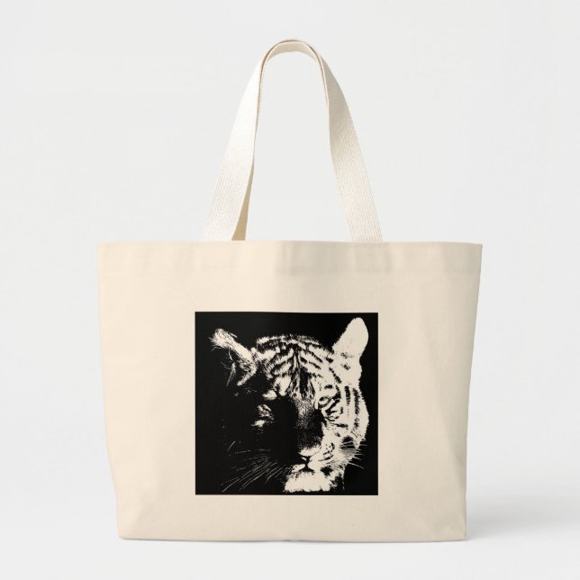 Bolsa Tote Grande Tigre Pop de Arte Preto e Branco (Frente)
