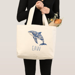 Bolsa Tote Grande Toalete Azul Floral Golfinho Praia Personalizado