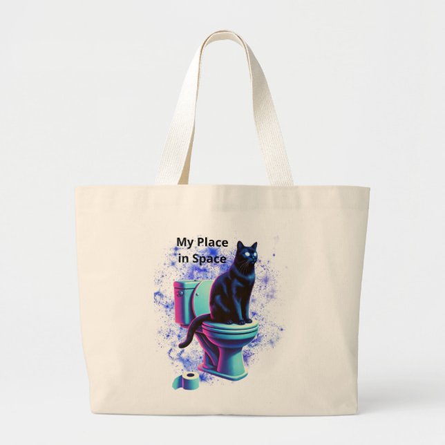 Bolsa Tote Grande Toilet de Gato Negro Cósmico - Arte Surreal Vaporw (Frente)