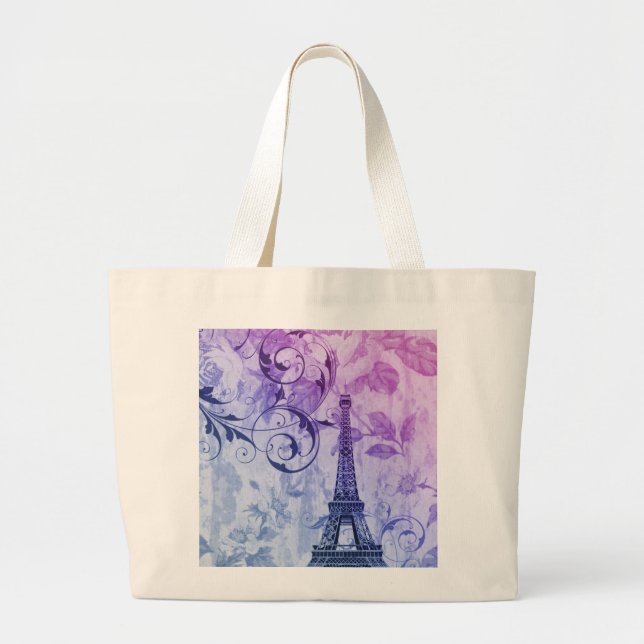 Bolsa Tote Grande torre Eiffel roxa chique feminino bonito de Paris (Frente)