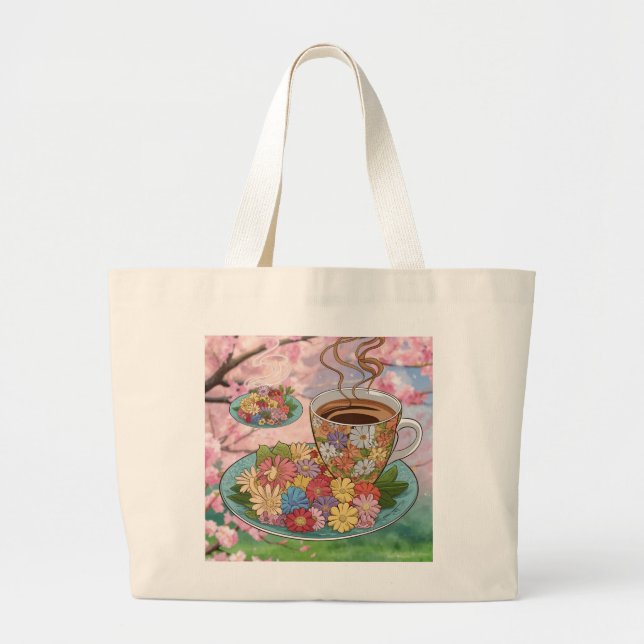 Bolsa Tote Grande Tote Bag-Cup e café com design de flor (Frente)