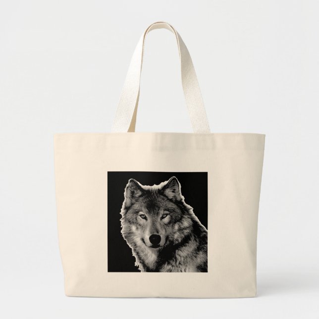 Bolsa Tote Grande Trabalho de arte do Lobo Negro e Branco (Frente)