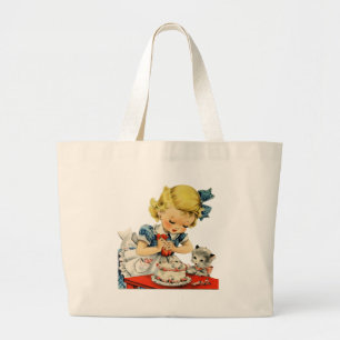 Bolsa Tote Grande Trabalhos de arte retros do gato do bolo da menina