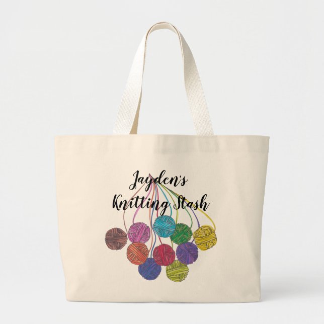 Bolsa Tote Grande Traço de tricô, personalizado, com bolas de fio (Frente)