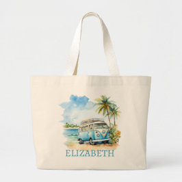 Bolsa Tote Grande Tropical Island Retro Blue Bus 