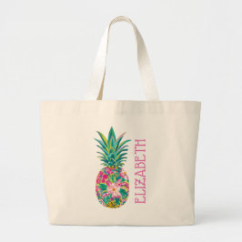 Bolsa Tote Grande Tropical Rosa e Verde Floral Abacaxi