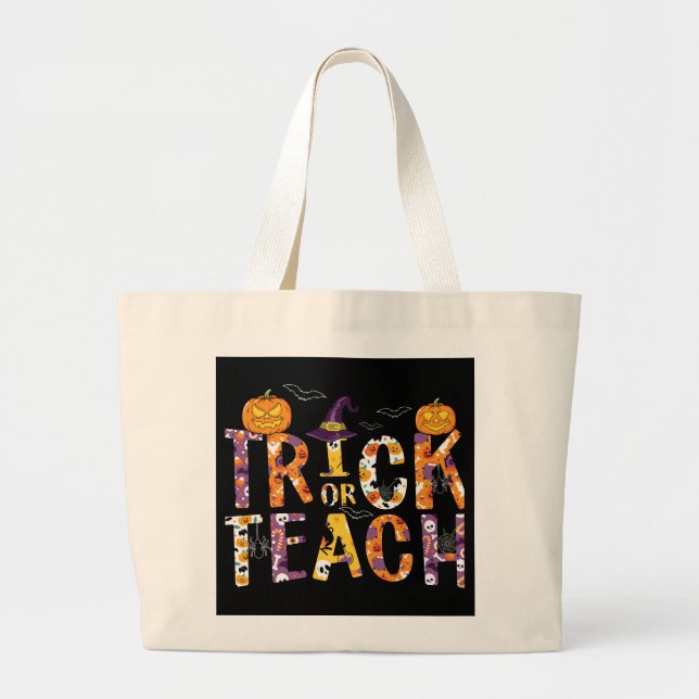 Bolsa Tote Grande Truque ou Ensino/Halloween/Professor/Laptop (Frente)