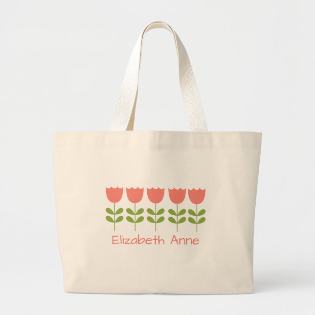 Bolsa Tote Grande Tulipas rosa e verde personalizadas reversíveis (Frente)