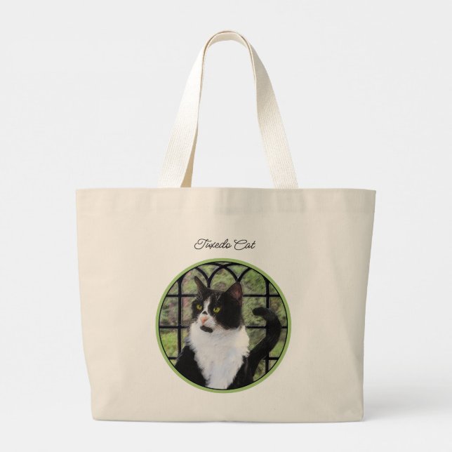 Bolsa Tote Grande Tuxedo Cat em Pintura em Janela Pintura de Arte Or (Verso)