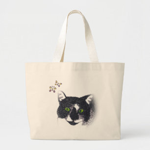 Bolsa Tote Grande Tuxedo Gato e Borboletas Tote Bags