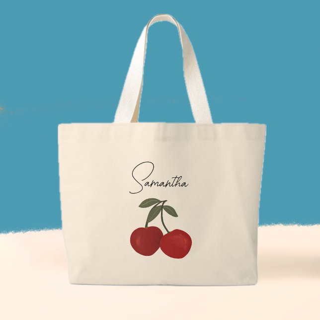 Bolsa Tote Grande Two Red Cherries Illustration | Cute Fruit Art  (Criador carregado)