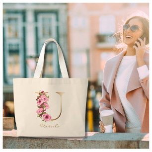 Bolsa Tote Grande U - Letra Dourada Monograma cor-de-rosa magenta