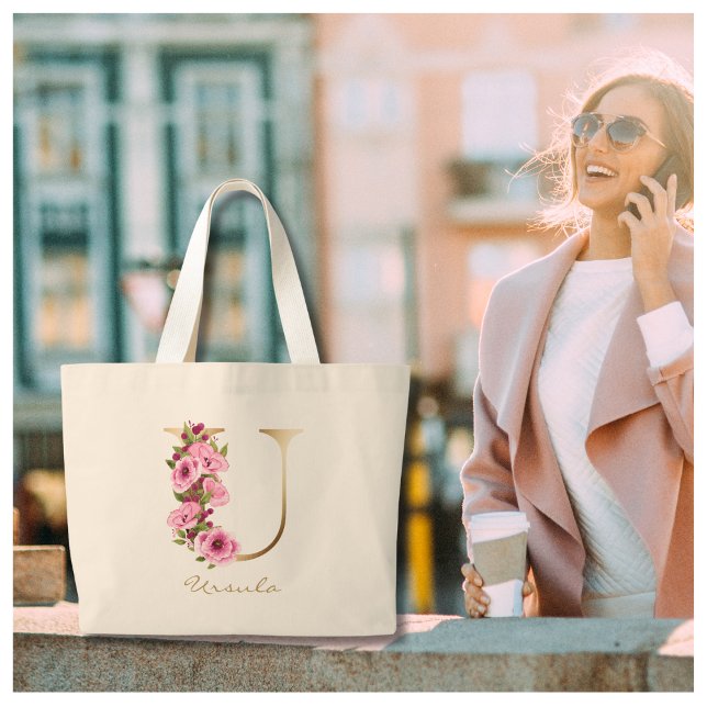 Bolsa Tote Grande U - Letra Dourada Monograma cor-de-rosa magenta (Criador carregado)