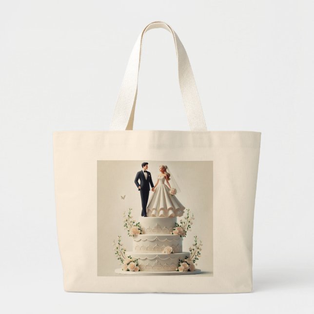Bolsa Tote Grande Um bolo de casamento romântico. (Frente)