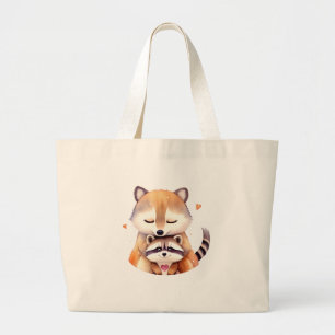 Bolsa Tote Grande Um casal de guaxinins bonitos com coração.