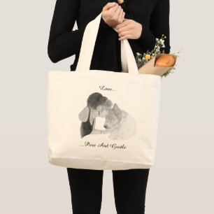 Bolsa Tote Grande Um desenho loving macio da menina que beija o cão