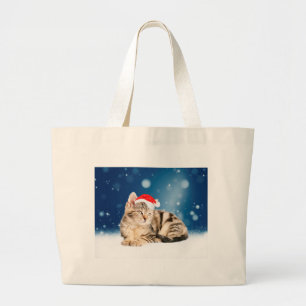 Bolsa Tote Grande Um Gato Fofo vestindo chapéu vermelho de Papai Noe