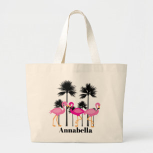 Bolsa Tote Grande Uma bela praia rosa flamingo adiciona nome ao saco