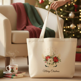 Bolsa Tote Grande Unicórnio de Natal Floral Feliz Natal