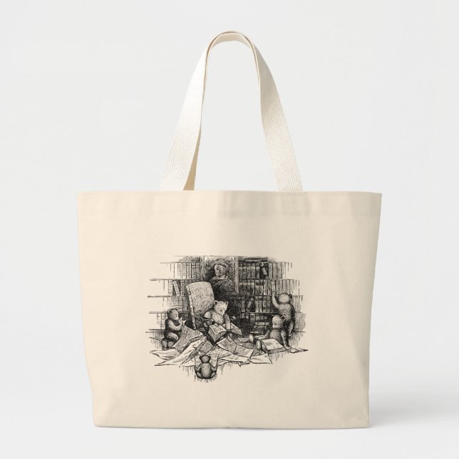 Bolsa Tote Grande Ursos de ursinho que lêem na biblioteca (Frente)