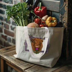 Bolsa Tote Grande Vaca Escocesa das Terras Altas Roxa Trabalho de Nó