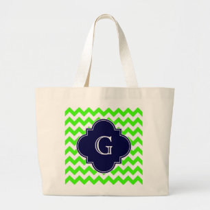 Bolsa Tote Grande verde limão Chevron Marinho Azul Quatrefoil Monog