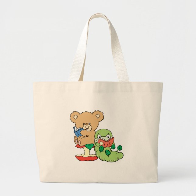 Bolsa Tote Grande Verme de livro bonito e urso de leitura (Frente)
