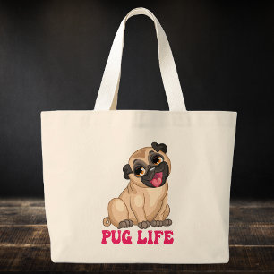 Bolsa Tote Grande Vida Engraçada de Pug Cartoon Amante de Cachorro F