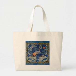 Bolsa Tote Grande Vintage de bordado chinês azul-pássaro