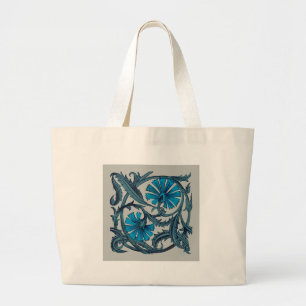 Bolsa Tote Grande vintage design de arte gráfica de flor antiga azul
