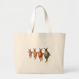 Bolsa Tote Grande Vintage Easter Bunnies Dançando em Ovos