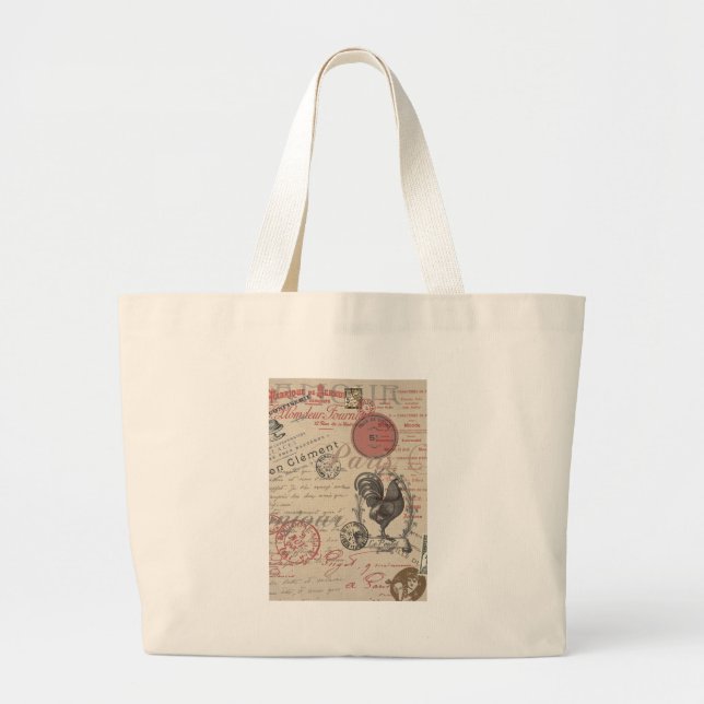 Bolsa Tote Grande Vintage French Escrevendo Tipografia Paris Rooster (Frente)