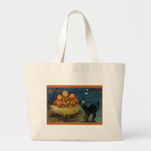 Bolsa Tote Grande Vintage Halloween Pumpkins Black Cat