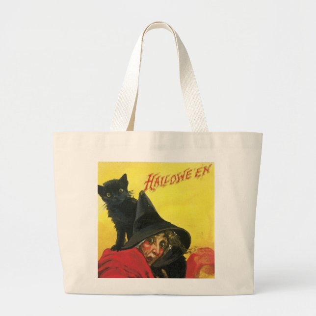 Bolsa Tote Grande Vintage Halloween Witold e Cat (Frente)