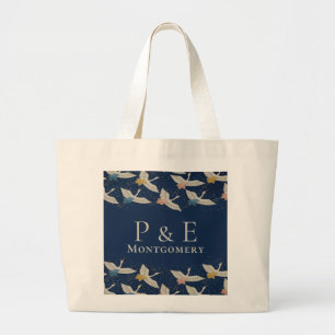 Bolsa Tote Grande Vintage Japonês Cranes Festa de casamento Monogra