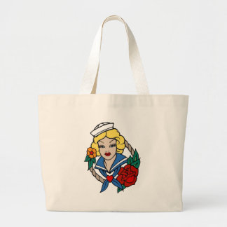 Bolsa Tote Grande Vintage Sailer Girl com Rosa Tatuagem Art