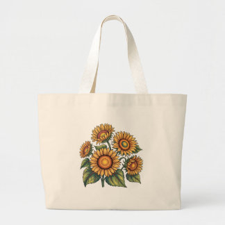 Bolsa Tote Grande Vintage Sunflower Bees Ilustração Natureza Floral