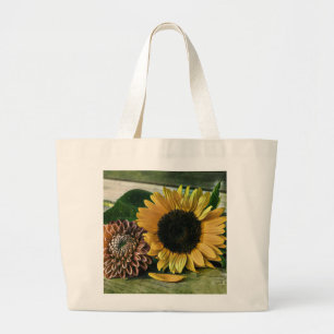 Bolsa Tote Grande Vintage Sunflower Watercolor em uma Mesa de madeir