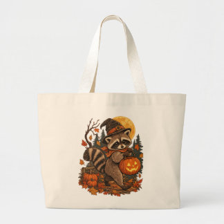 Bolsa Tote Grande Vintage Witch Raccoon Halloween Abóbora Outono Out