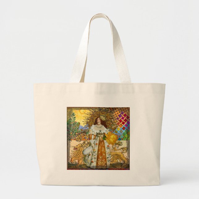 Bolsa Tote Grande Vintage Woman Ouro Sun: Leo Zodiac Collage Art (Frente)